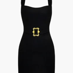 Solid Metallic Buckle Belted Mini Dress