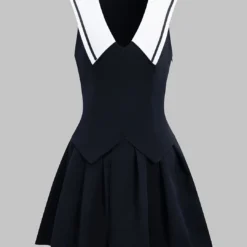 Contrast V-Neck Tie-Up Sleeveless Mini Dress