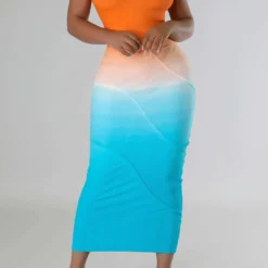 Ombre Print Round Neck Cut Out Short Sleeve Midi Dress