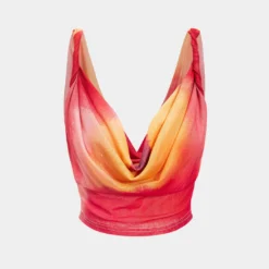 Mesh Tie Dye Print Cowl Neck Slip Cami Top