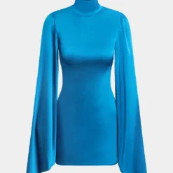 Solid Turtleneck Bell Sleeve Ruched Mini Dress