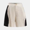 Contrast Linen Asymmetrical Button Patchwork Shorts