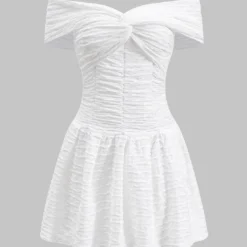Textured Crossed Twist Knot Off Shoulder Mini Dress