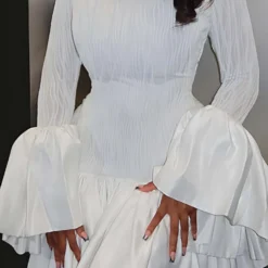 Textured Ruffle Long Sleeve Mini Dress