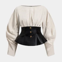 Linen Faux Leather Patchwork Long-Sleeve Shirt