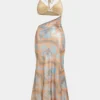 Abstract Print Satin Tie-Up Halter Neck Cut Out Sleeveless Maxi Dress
