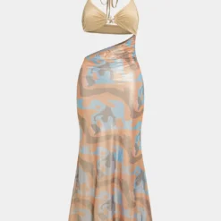 Abstract Print Satin Tie-Up Halter Neck Cut Out Sleeveless Maxi Dress