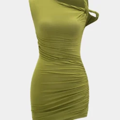 Asymmetrical Twist Knot Ruched Sleeveless Mini Dress