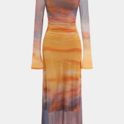 Tie Dye Print Mesh Ruched Long Sleeve Maxi Dress
