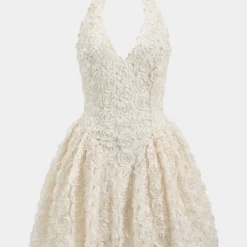 3D Floral Sleeveless Halter Neck V-Neck Backless Mini Dress