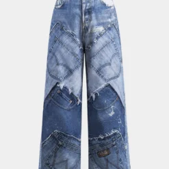 Abstract Print Denim Pocket Button Wide Leg Jeans