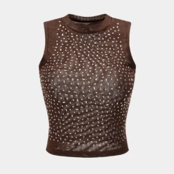 Mesh Rhinestone Sleeveless Tank Top