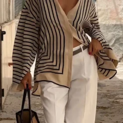 Stripe Print Satin Long-Sleeve Shirt