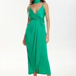 V-neck Satin Pleated Dress With Neck Scarf -Women's Clothing Store e9aab1c4 8633 4d30 8305 7bd5f1165c64