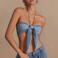Chain Strap Halter Denim Bow Cami Top -Women's Clothing Store ea3705e8 00d5 4ae9 be1f 14eafe518c88