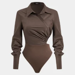 Asymmetry Patchwork Ruched Cut Out Long Sleeve Bodysuit