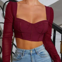 Bustier Mesh Patchwork Long Sleeve Top