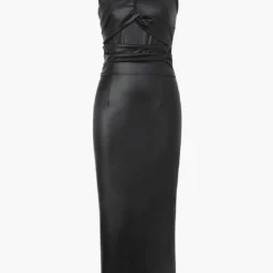 Faux Leather Wrap Sleeveless Ruched Slit Midi Dress