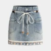 Denim Fringe Frayed Belted Skirt
