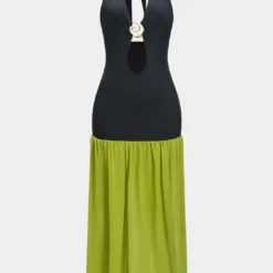 Chiffon V-Neck Halter Neck Metallic Decor Patchwork Sleeveless Slit Maxi Dress