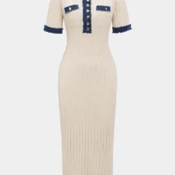 Denim Patchwork Metallic Button Short Sleeve Maxi Dress