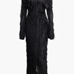 Off Shoulder Textured Button Up Slit Long Sleeve Maxi Dress -Women's Clothing Store ee9f76c4 6096 49f8 bf8b 20fd89194f63