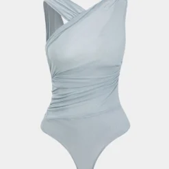 Mesh Asymmetrical Ruched Sleeveless Bodysuit