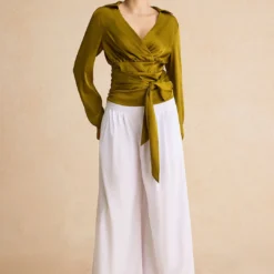 Satin Ruched Tie Front Long-Sleeve Shirt -Women's Clothing Store efb52320 4dba 4804 82bd c13cfd886182