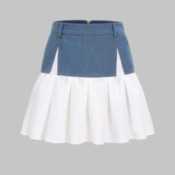 Denim Patchwork Pleated Skirt
