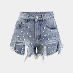 Denim High Waist Beaded Shorts
