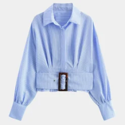 Stripes Pleated Belted Long-Sleeve Shirt