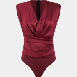 Ruched Shoulder Pads V-Neck Sleeveless Bodysuit