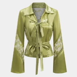 Satin Patchwork Tie Front Bell Sleeve Long-Sleeve Shirt