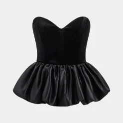 Velvet Patchwork Strapless Puff Hem Tube Top