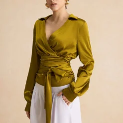 Satin Ruched Tie Front Long-Sleeve Shirt -Women's Clothing Store f3710d9a e6bc 4da2 8ebc 40128a57a408