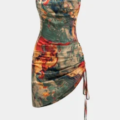 Watercolor Print Satin Ruched Drawstring Slip Mini Dress