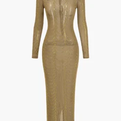 Mesh Sheer Rhinestone Maxi Dress