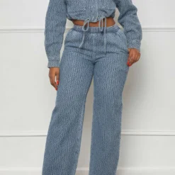 Denim Long Sleeve Drawstring Top And Jeans Set