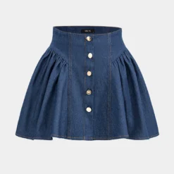 Denim Ruched Button High Waist Skirt