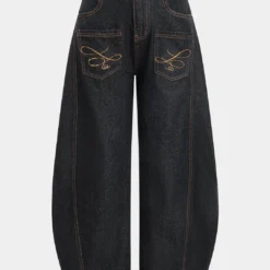 Denim Embroidery Wide Leg Barrel Jeans