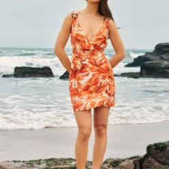 Abstract Print Knot V-Neck Mini Dress