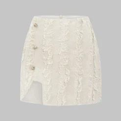 Linen Fringe Metallic Button Asymmetrical Skirt