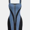 Contrast Denim Patchwork Zipper Bustier Dress