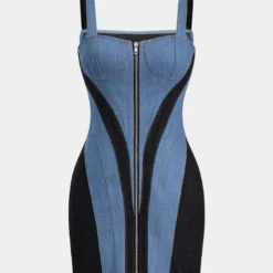 Contrast Denim Patchwork Zipper Bustier Dress