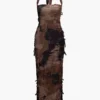 Tie Dye Distressed Mesh Slit Halter Maxi Dress