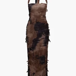 Tie Dye Distressed Mesh Slit Halter Maxi Dress