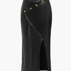 Solid Faux Leather Button Asymmetrical Skirt