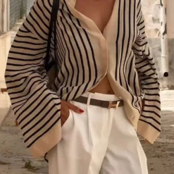 Stripe Print Satin Long-Sleeve Shirt -Women's Clothing Store f87cc541 7d1d 4afb 8fae e63997b24d6b