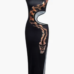 Snake Print Cut Out Sleeveless Slit Maxi Dress