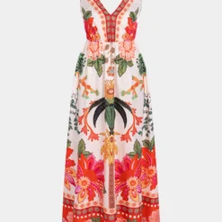 Floral Leaves Print Strap Slip Midi Dress